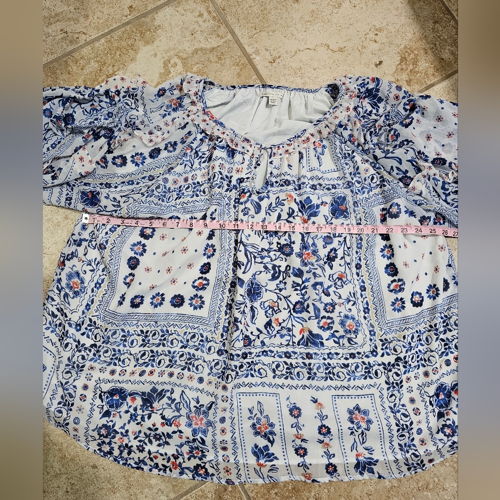 Cato Women 26/28W Plus Size Boho Floral Peasant Blouse Blue White Ruffle Flowy - Picture 6 of 7